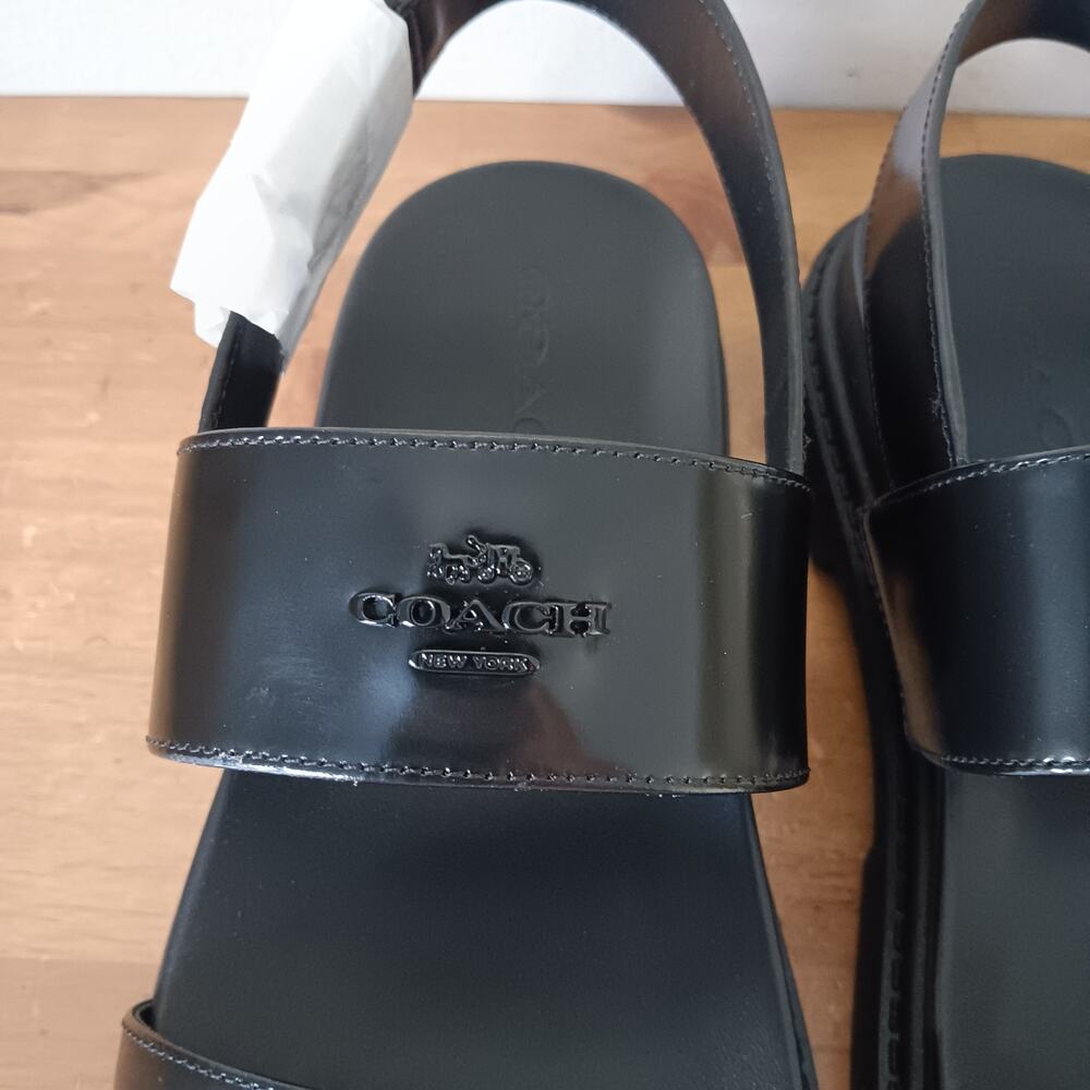 Coach Lockup Two Band Sandal CAP52 Size 7.5 B - Black Leather - Gold Buckle NWB - Picture 4 of 11